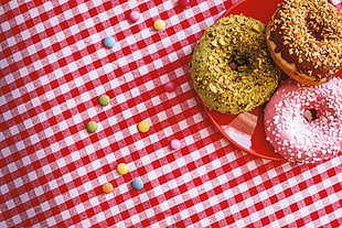 three assorted-flavored doughnuts, Donuts, Dessert, Pastry