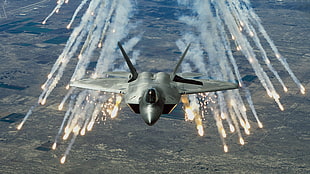 grey and black fighter jet, jet fighter, airplane, contrails, F-22 Raptor