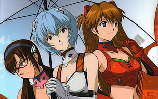 three female Anime characters under white umbrella illustration