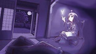 female anime character reading book at night with lighting hands digital wallpaper, anime