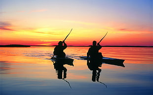 two sailboats, landscape, sunset, lake, canoes