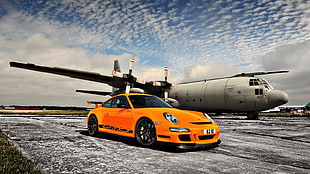 orange sport car, car, Porsche, orange cars, aircraft