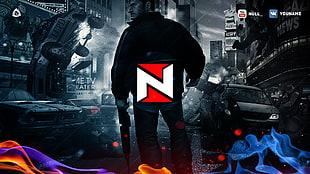 man holding gun digital wallpaper, Grand Theft Auto V, logotype, Grand Theft Auto, Grand Theft Auto IV