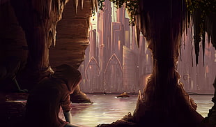 video game digital wallpaper, DoubiDoubi, city, cave, dystopian