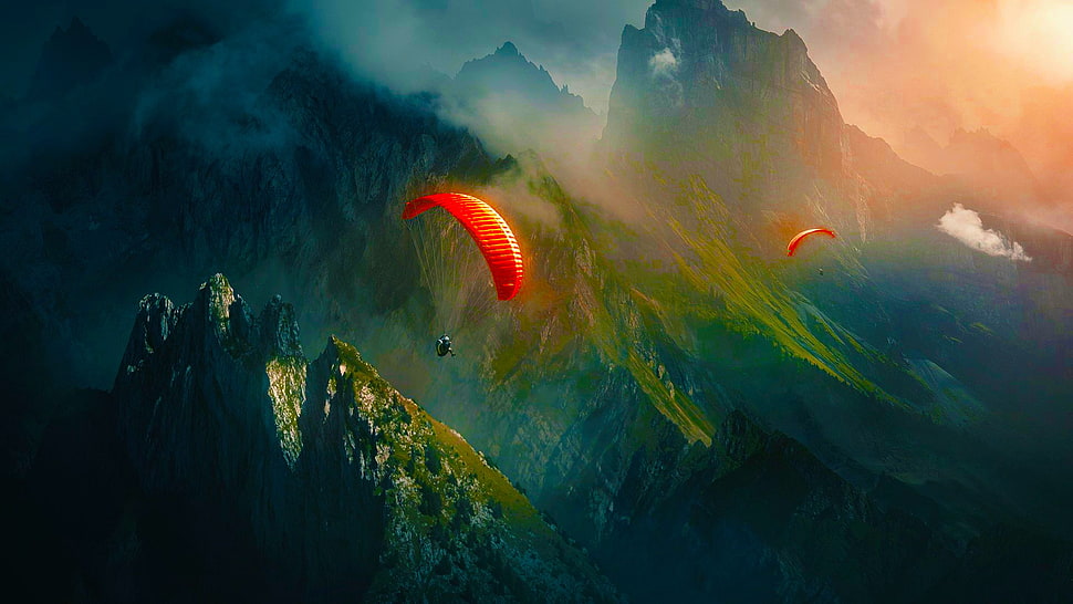 two man paragliding above mountains, mountains HD wallpaper