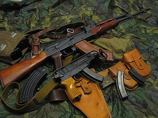 two brown assault rifles, gun, ammunition, Škorpion vz. 61, AKM