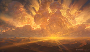 brown and black abstract painting, Noah Bradley, landscape, sun rays, clouds