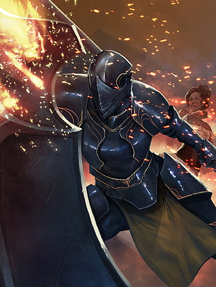 black knight with shield illustration, fantasy art, knight, fire HD wallpaper