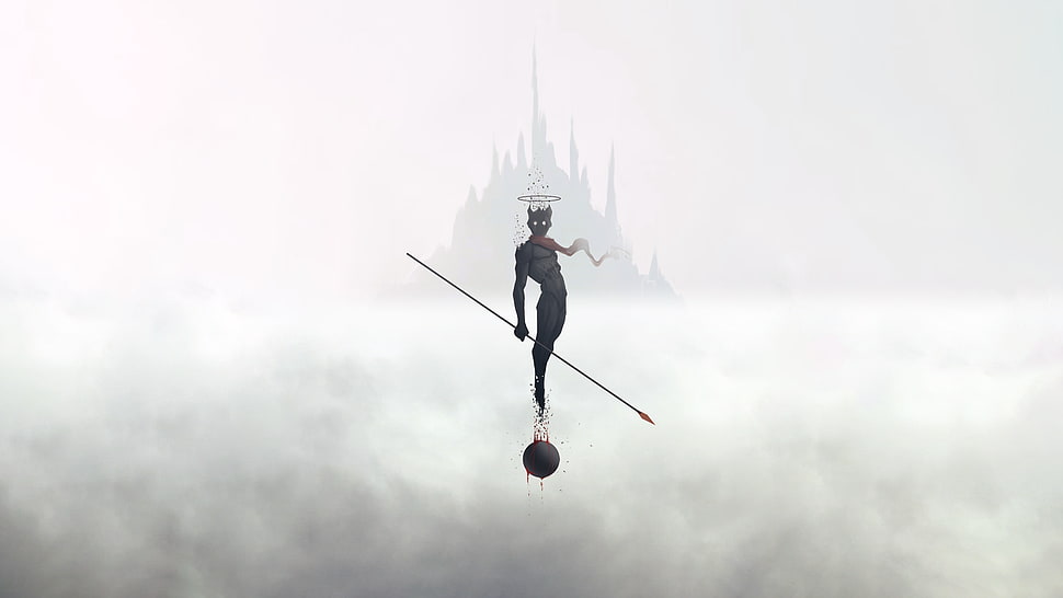 angel holding spear illustration, artwork, digital art, Waveloop, simple background HD wallpaper