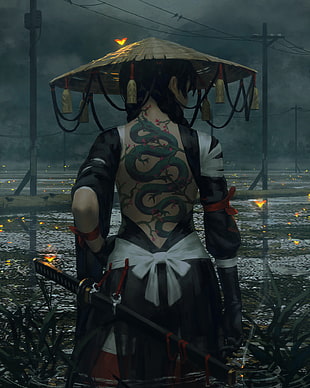 female ninja character digital wallpaper, warrior, fantasy art, samurai, sword