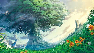 green leafed tree animated illustration, artwork, fantasy art, trees, nature