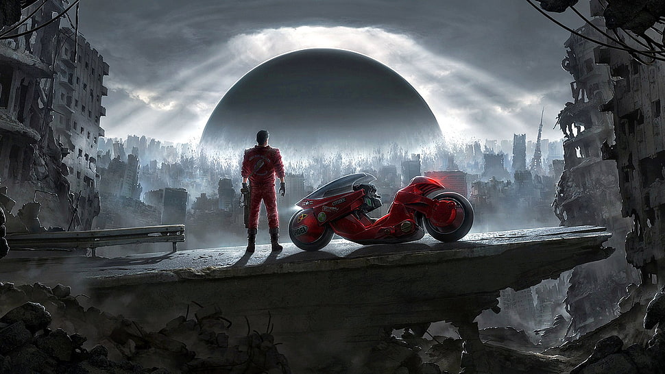 red motorcycle and man in red suit digital wallpaper, Akira, city HD wallpaper