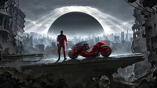 red motorcycle and man in red suit digital wallpaper, Akira, city