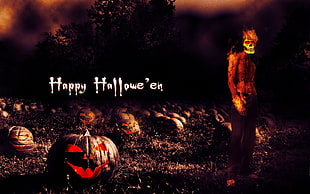 Happy Hallowe'en digital wallpaper, Halloween, digital art, pumpkin, skull