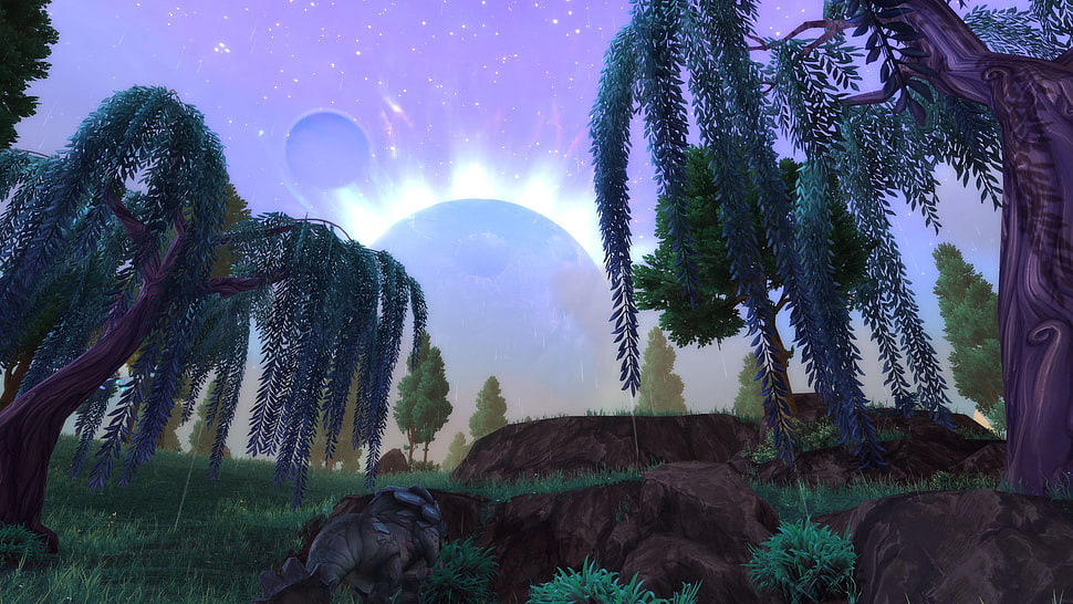 trees in front of planets scene on sky illustration, World of Warcraft, Shadowmoon Valley, trees, screen shot HD wallpaper