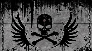 black and gray skull and wing logo, graffiti, skull