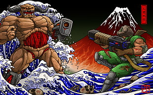 cartoon illustration, Doom (game), shotgun, The Great Wave off Kanagawa HD wallpaper