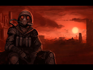 game poster, apocalyptic, gas masks, Gone with the Blast Wave, futuristic