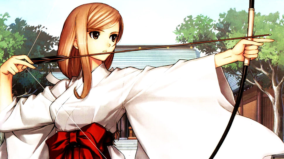brown haired anime character holding a bow HD wallpaper
