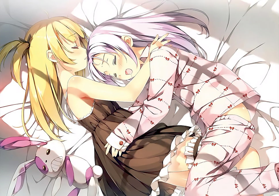 two female anime characters illustration, bed, blonde, blushing, fangs HD wallpaper