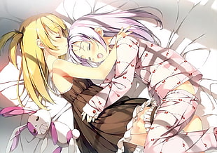 two female anime characters illustration, bed, blonde, blushing, fangs