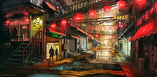 illustration of people walking near stalls, cityscape, artwork, Final Fantasy VII, video games