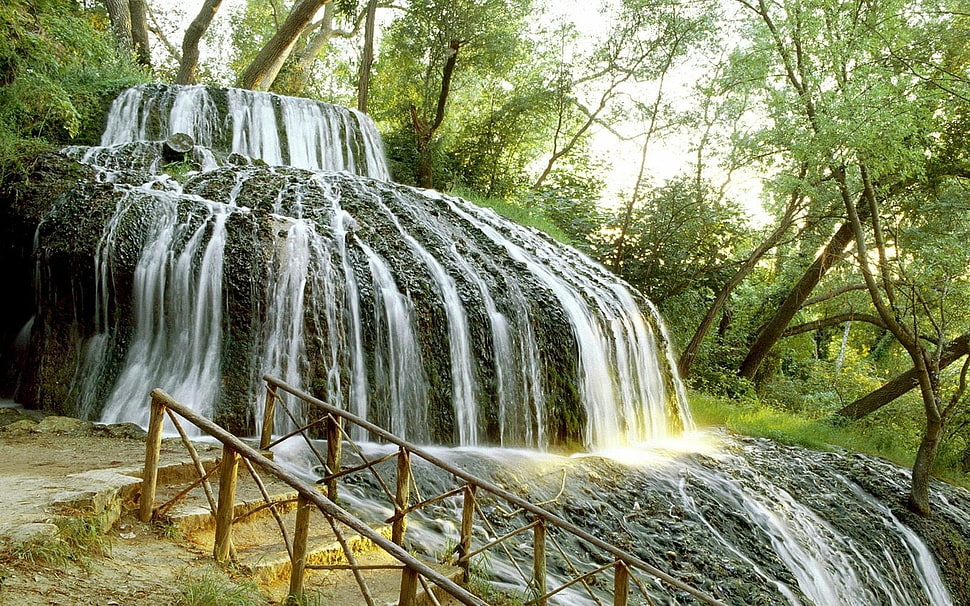 waterfalls inside the forest HD wallpaper