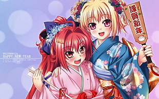 two female anime character Happy New Year text overlay HD wallpaper