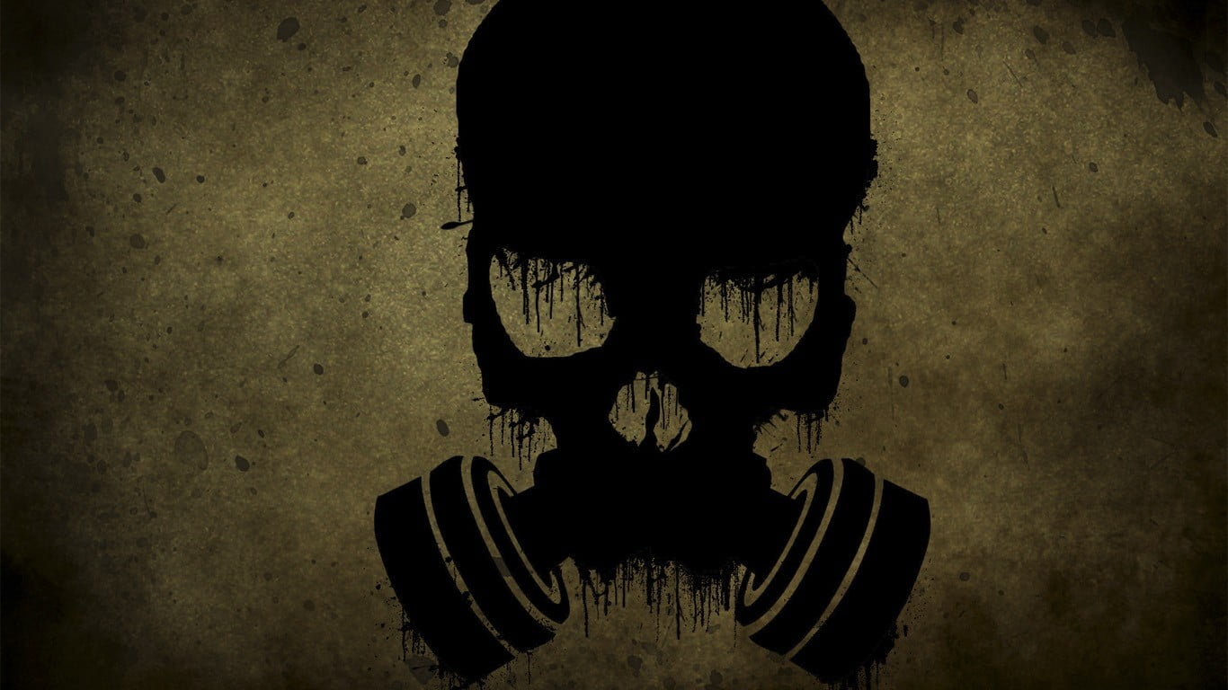 black skull digital wallpaper, gas masks, apocalyptic, skull, grunge