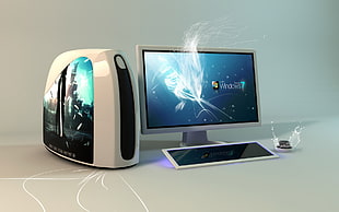 desktop computer on white surface illustration