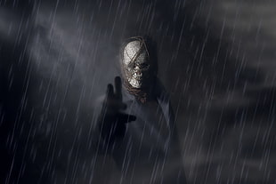 skeleton in suit jacket poster, dark fantasy, spooky, mask, rain