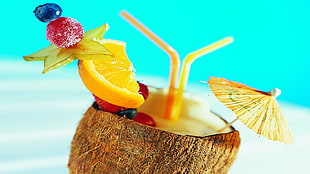 coconut shell with juice with sliced fruits HD wallpaper
