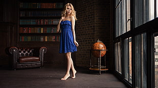 women's blue strapless dress, Alice Tarasenko, women, Sergey Fat, blue dress HD wallpaper