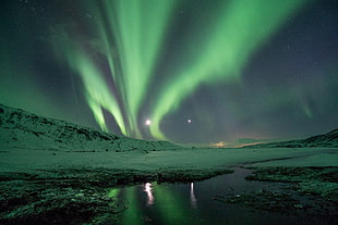 Northern lights, aurorae, snow, water, night sky HD wallpaper