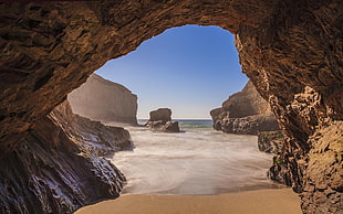 brown rock formations, beach, nature, landscape, sea HD wallpaper