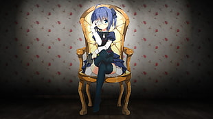 female in dress sitting on chair anime HD wallpaper