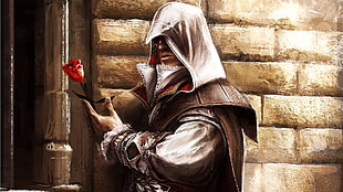 person in brown hoodie holding red rose stem illustration, Assassin's Creed, video games