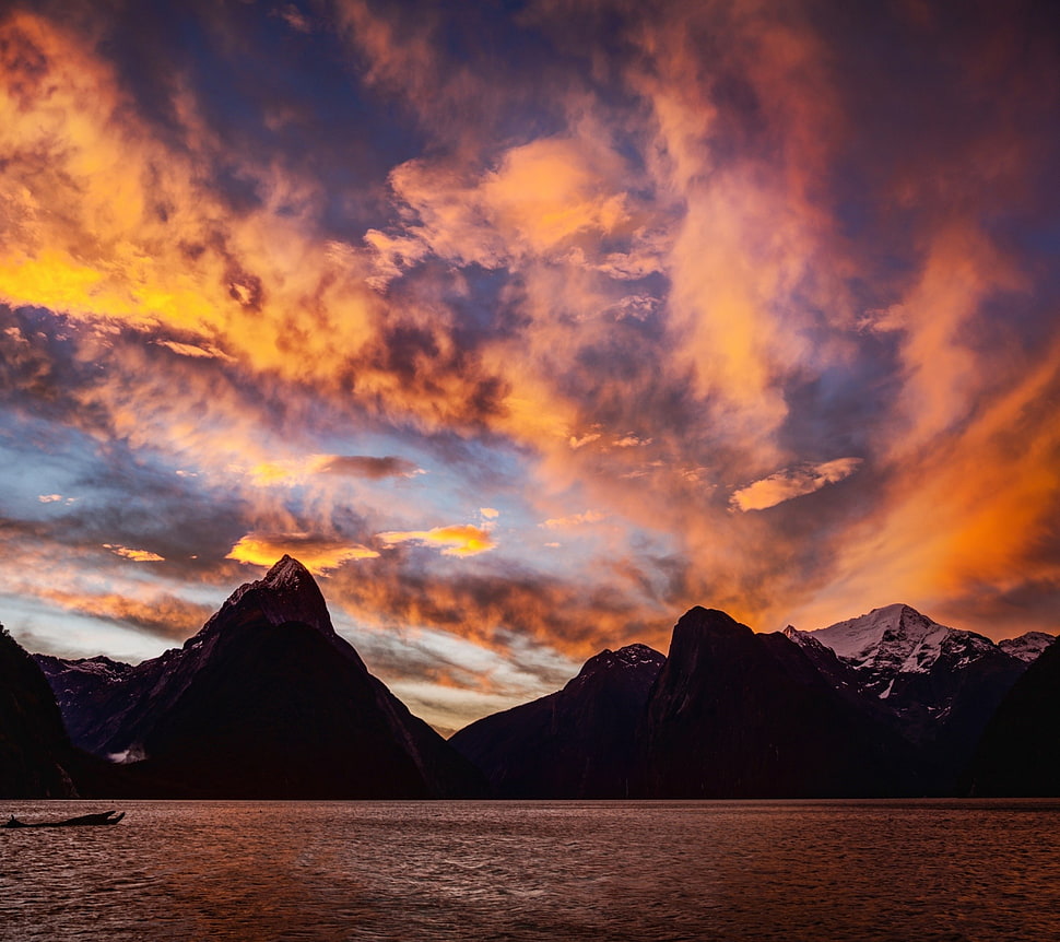 black mountain, landscape, mountains, sunset, lake HD wallpaper