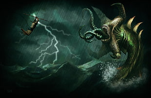 brown sea monster digital wallpaper, digital art, fantasy art, creature, sea monsters