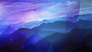 silhouette of mountains, blue, purple, mountains, hexagon HD wallpaper