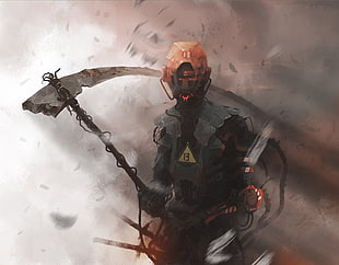video game character holding scythe digital wallpaper, artwork