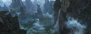 waterfall and mountains, fantasy art, landscape, valley, Avatar HD wallpaper