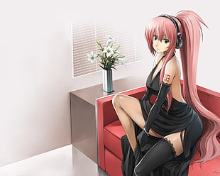 anime girl with pink hair wearing black dress illustration