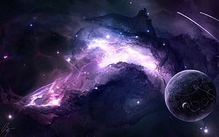 purple and black galaxy poster HD wallpaper