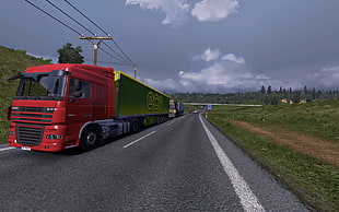red freight truck, video games, Euro Truck Simulator 2, trucks, highway HD wallpaper