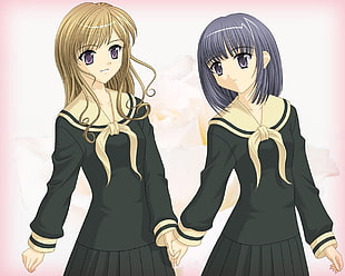 two woman with blonde and blue hair wearing black and brown unfioms anime characters
