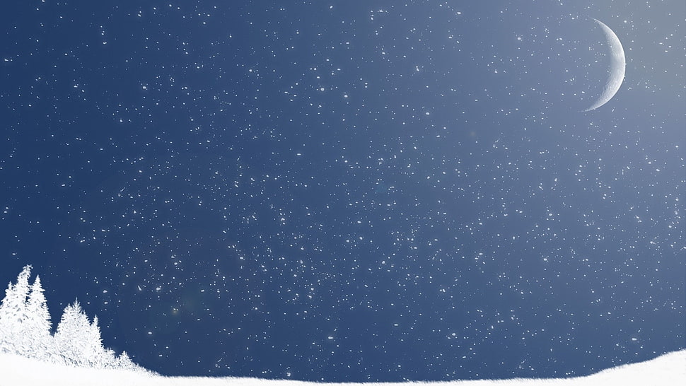 crescent moon and starry sky wallpaper, stars, snow, Moon, artwork HD wallpaper