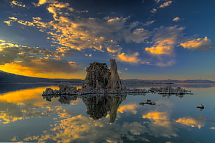 mirror photography of rocky mountain, lake, clouds, reflection, ice