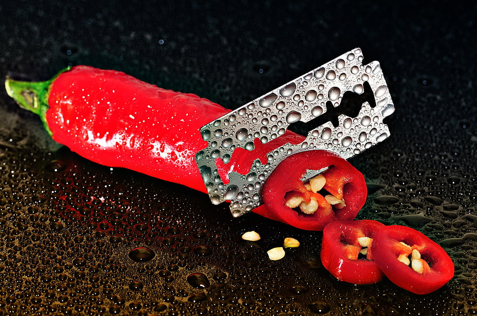 red pepper sliced by silver razor HD wallpaper