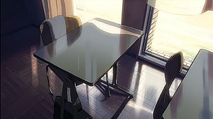 rectangular black wooden table with four chairs dining set, classroom, desk, sunlight